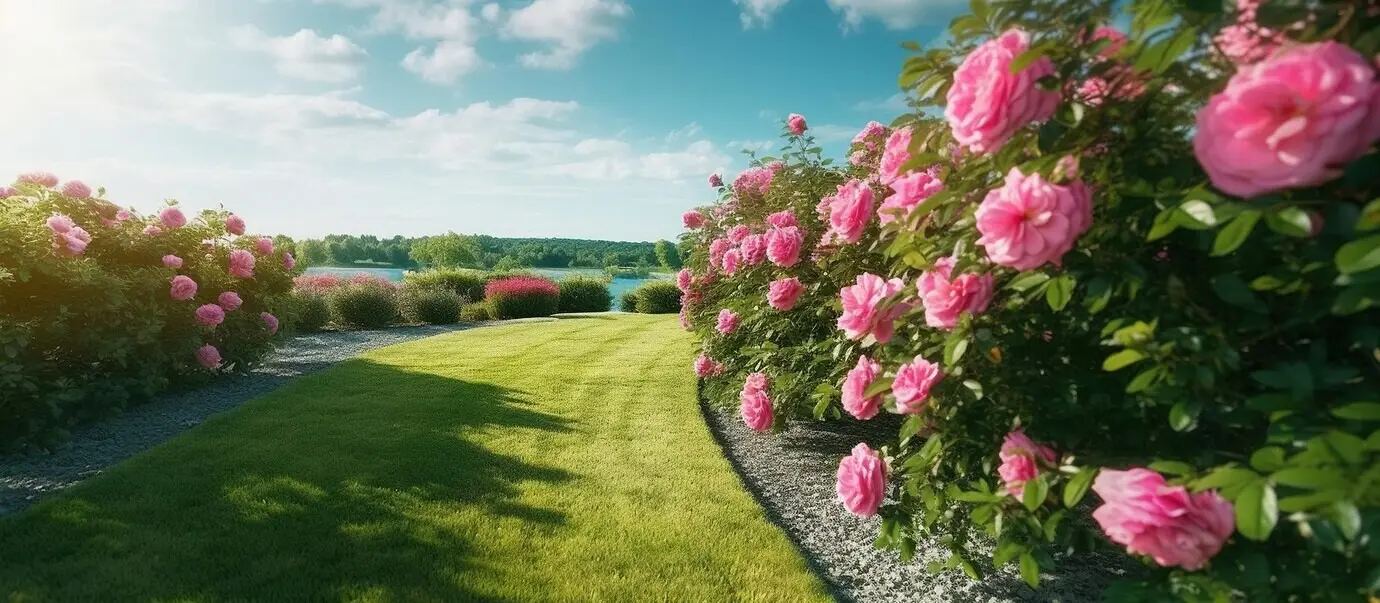 An AI-generated image of a beautiful, manicured green mown lawn.